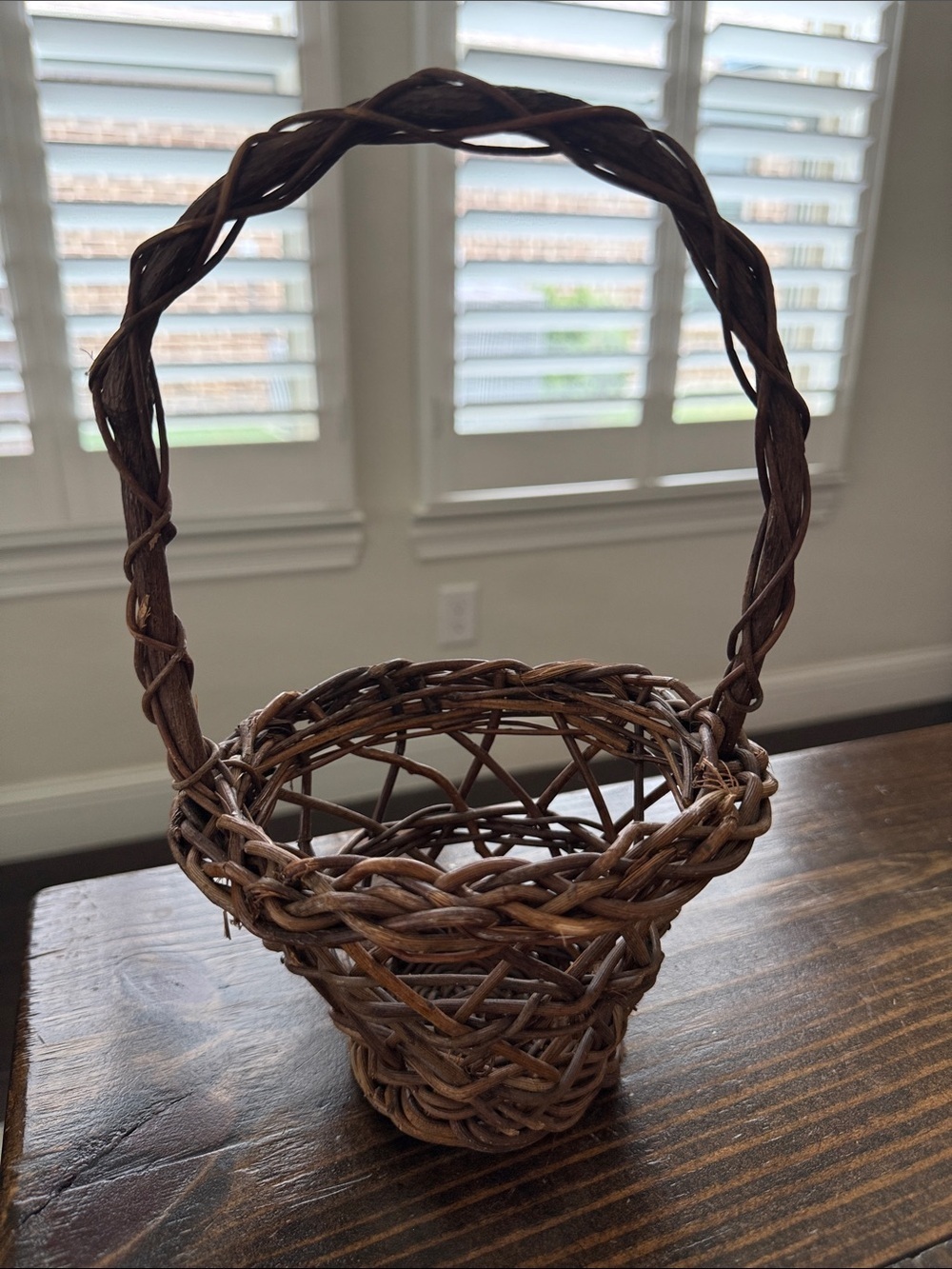 Woven Decorative Basket with Tall Handle in Brown